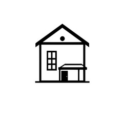 Minimalist Black and White House Icon Featuring Gable Roof, Window with Grids, and a Porch Structure Over a Door, Centered.