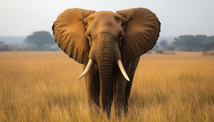 Obraz premium A majestic African elephant stands tall in the tall grasses