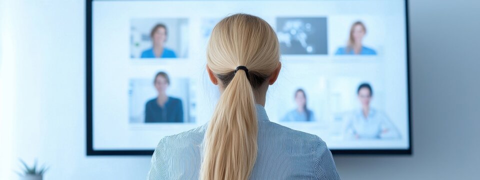 Woman Engaging in Video Conference with Multiple Participants Online - Powered by Adobe