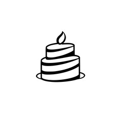 Simple two-tiered birthday cake with candle, monochrome black and white line drawing illustration on clean white background.