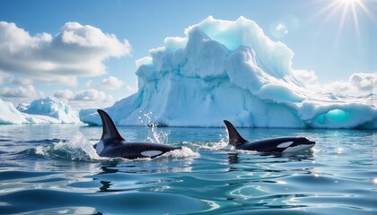 The  Orcas killer Whales swimming and diving against the huge iceberg, sunny day