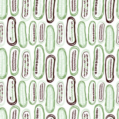 Seamless pattern doodle vegetables on white background. Green cucumber and gherkins, sliced in half. Healthy vegetables. Farm products. Hand drawn vector illustration for the design of wrapping paper