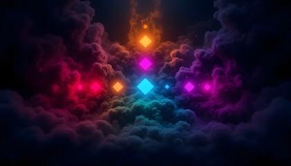A vibrant and colorful assortment of square shapes, each in a different shade, is prominently displayed in the center of a dark and mysterious backdrop in this captivating stock photo.