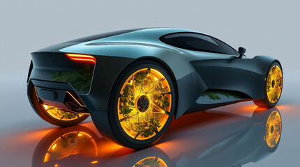 A futuristic car with transparent wheels containing green plants illuminated by warm yellow light. The sleek design highlights its eco-technological aesthetic. photo from the back side