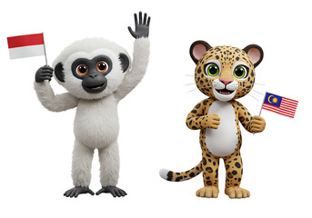Cartoon Monkey and Leopard Holding Flags Standing on White Background