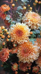 A stunning bouquet of colorful dahlias in shades of pink, peach, and orange, beautifully illuminated by glowing bokeh lights. © Audy