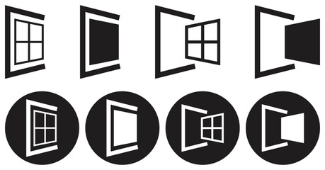 Various Open Window Icons in Black and White. Isolated On Transparent Background.