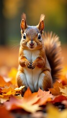 Obraz premium A cute squirrel happily sitting on a pile of colorful autumn leaves, cute, foliage