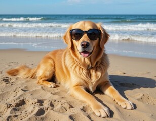 Playful golden retriever enjoys sunny day at the beach relaxing on sand with sunglasses coastal environment