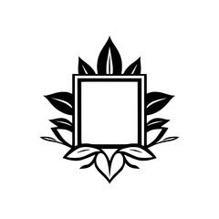Black and White Floral Frame Illustration: A Square Centerpiece Surrounded by Stylized Leaves and a Decorative Border, Suggesting Nature and Elegance.