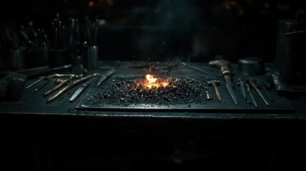 A dynamic scene of a blacksmith’s forge, featuring glowing embers and handcrafted tools, embodying the artistry and skill involved in traditional metalworking techniques.