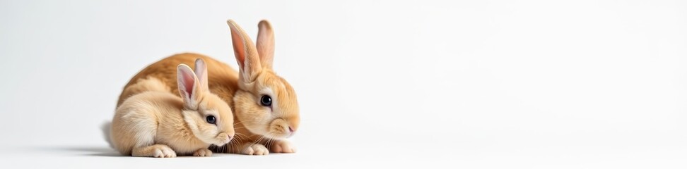Fototapeta premium Adorable newborn rabbit nestled next to parent orange bunny on clean white backdrop, orange, newborn