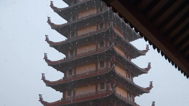 Viet Nam Quoc Tu Pagoda - the National Pagoda of Vietnam in Ho Chi Minh&nbsp;City&nbsp;(Saigon) in rainy evening. Slow mo, slow motion, high speed camera, 200fps