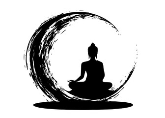 buddha silhouette in meditation with zen brush circle black and white vector