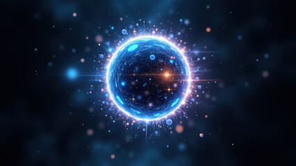 Fototapeta premium Dynamic molecular model with glowing atoms and energy trails against cosmic background.
