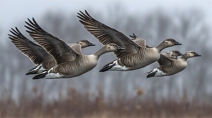 Obraz premium Migrating Gray Geese Flying Together 
