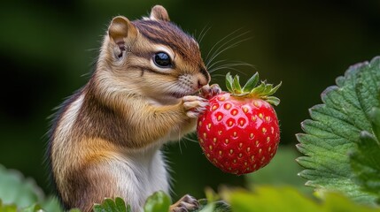 Obraz premium Cute chipmunk eating a strawberry.