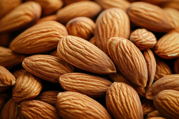 Fototapeta premium Healthy almonds in a pile on wooden table.