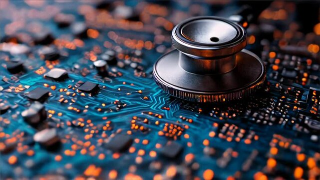 A stethoscope rests on a digital circuit board, symbolizing the intersection of healthcare and technology, representing modern medical advancements.