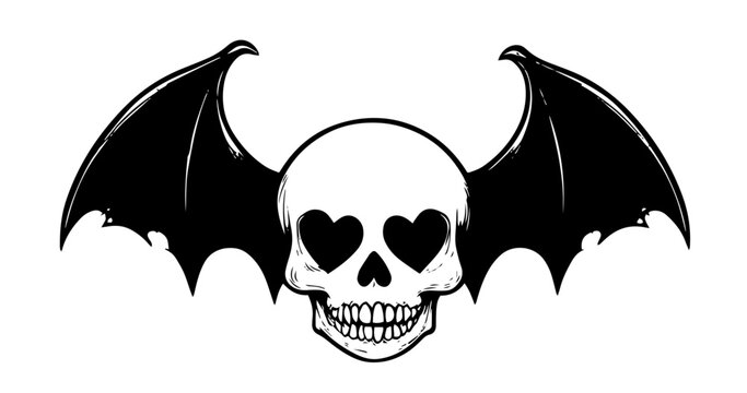 gothic skull with black bat wings and heart eyes vector - Powered by Adobe