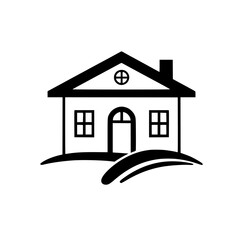 Minimalist Black and White House Illustration with Arched Door, Two Windows, and Simple Landscape, Chimney, and Unique Circular Roof Detail.