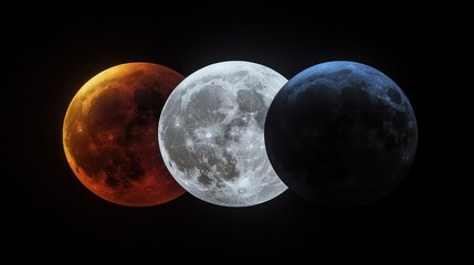 Obraz premium Lunar Eclipse Stages Red, White, Blue Moon Against Black Sky