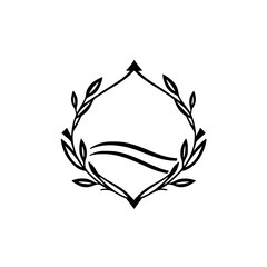 Minimalist Black and White Emblem: Wavy Lines Within a Geometric Laurel Wreath, Suggesting Nature and Abstract Symbolism.