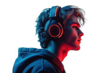 A Young Gamer Immersed In His Virtual World, Illuminated By Vibrant Red And Blue Light, Wearing Sleek Headphones A Profile Portrait Capturing The Intensity Of Gaming Isolated on Transparent Background