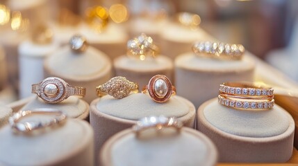 A beautifully arranged jewelry market display showcasing rose gold, white gold, and yellow gold rings.