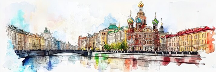 Watercolor Saint Petersburg River Scene - Charming watercolor painting of Saint Petersburg, Russia. Depicts a river, bridge, colorful buildings, and iconic church spires. Symbolizes: beauty, history