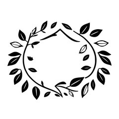 Elegant Black and White Leafy Wreath Frame with Empty Center, Minimalist Botanical Design.