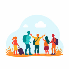 Excited travel group celebrating adventure with vibrant landscape, exploration