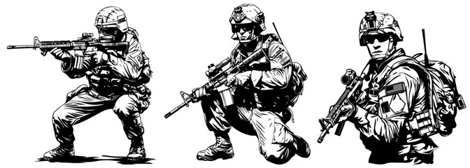 soldiers with rifles vector silhouette shape black outline