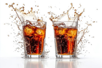 Two cola glasses colliding mid-air, creating a splash of liquid.