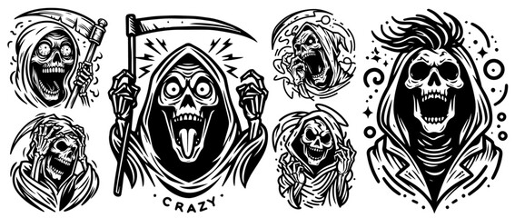 crazy grim reaper and skeleton faces vector collection
