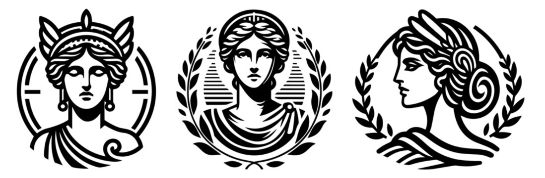 ancient greek goddess heads vector set with laurel wreath