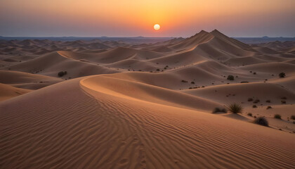Breathtaking Desert Dunes Stretching Into the Horizon with Warm Golden Sand Under a Clear Blue Sky, Capturing the Vastness and Beauty of the Arid Landscape