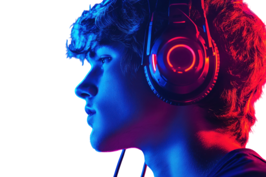 A Young Gamer Lost In The Rhythm Of His Virtual World, Illuminated By Vibrant Blue And Red Light, Headphones Reflecting The Intensity Of The Game Isolated on Transparent Background