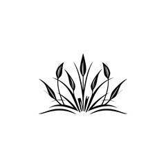 Minimalist Black and White Illustration of Ornamental Foliage Emerging from a Root Base, Featuring Curved Lines and Sharp Leaf Shapes.