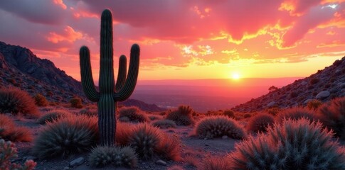 Prickly pear cactus dominates arid landscape, vibrant sunset hues, utah, australia, plants