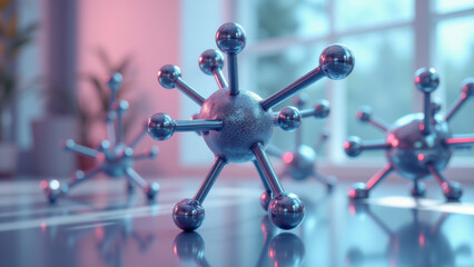 3D rendering of a molecule with glowing highlights on a dark counter.
