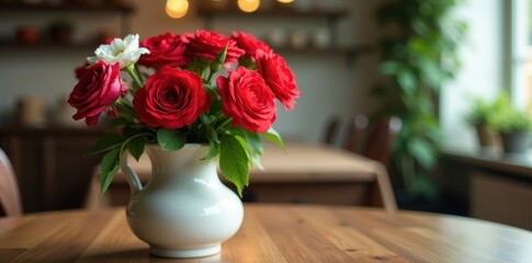 Obraz premium Red and white blooms in a classic vase, tabletop setting, color, red, floral