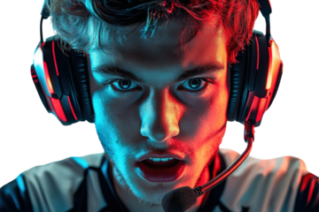 A Young Gamers Intense Focus During A Crucial Gaming Moment, Illuminated By Vibrant Red And Blue Lighting Creating A Dramatic And Energetic Atmosphere Isolated on Transparent Background