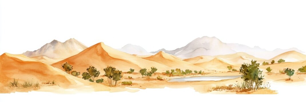 Watercolor Ubari Sand Sea Libya Desert Landscape - Serene desert oasis, sand dunes, distant mountains, sparse vegetation, calm water. Symbolizing peace, solitude, resilience, hope