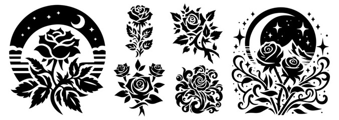 ornamental rose illustrations with moon and landscape black and white vector set