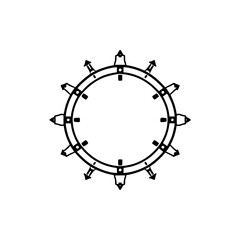 A black-and-white geometric circular design featuring a central open space, framed by a ring with alternating arrow and rectangle elements.