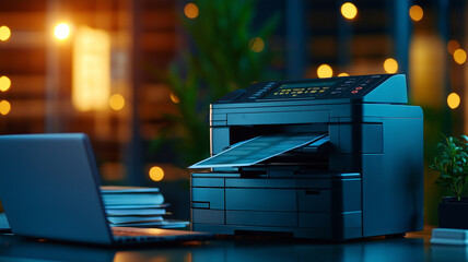 Close up of printer in office with laptop and blurred background, showcasing modern workspace. warm lighting creates cozy atmosphere, ideal for productivity