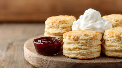 Freshly baked scones with jam and cream, ready to be enjoyed