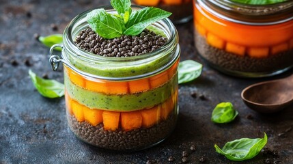 Layered Green Smoothie Pumpkin and Chia Seeds in a Jar