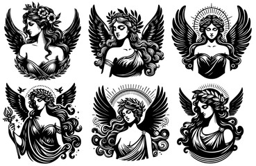 graceful angel women with halos and wings black and white spiritual vector set © Aisha Kudorova